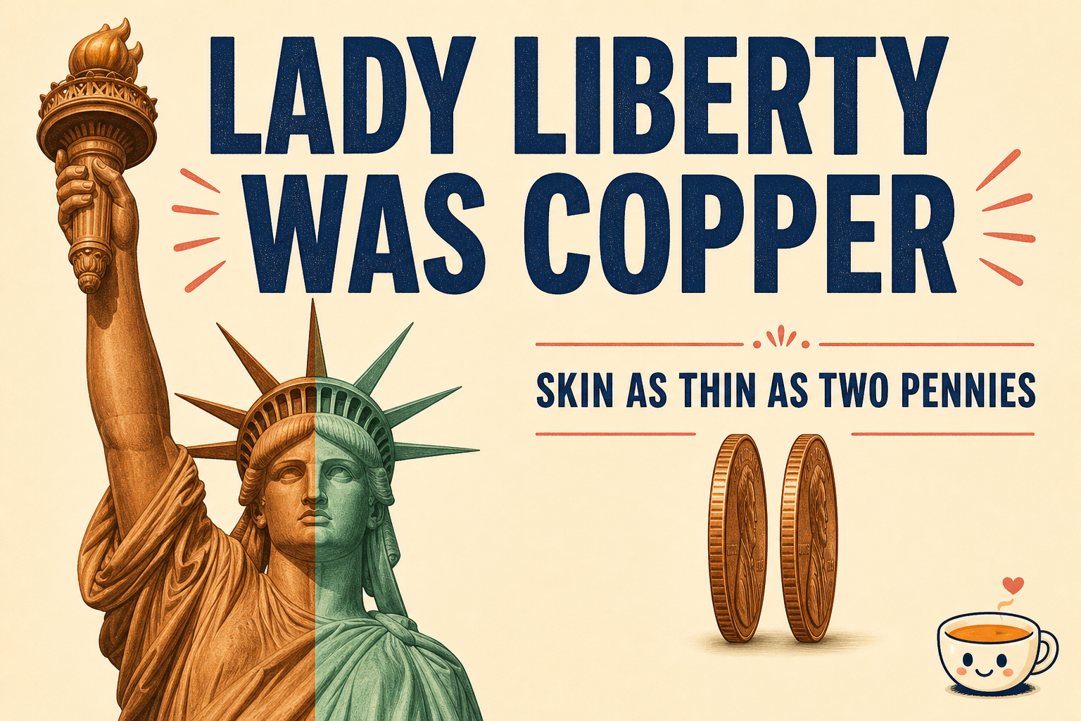 Illustration comparing the Statue of Liberty's original copper color with its modern green patina