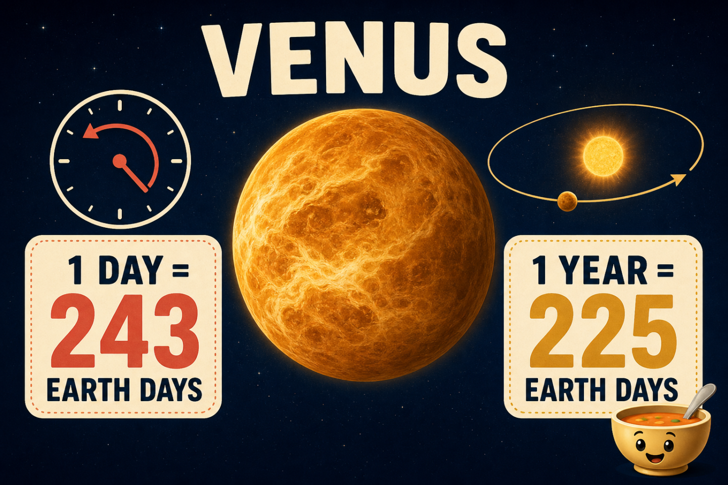 Editorial infographic showing Venus with a 243-Earth-day rotation compared with its 225-Earth-day orbit.