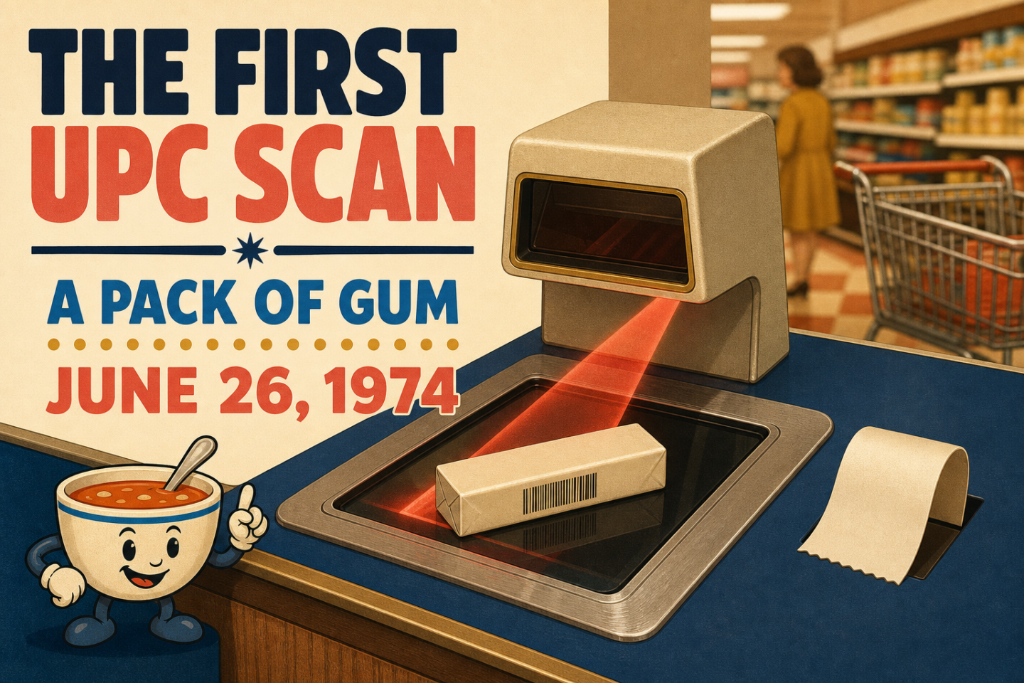 Retro editorial illustration of a generic pack of gum crossing an early supermarket laser scanner, with the date June 26, 1974.