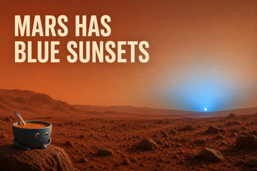 Editorial illustration of a small Sun setting over a rocky Martian landscape with a concentrated blue glow near the horizon.