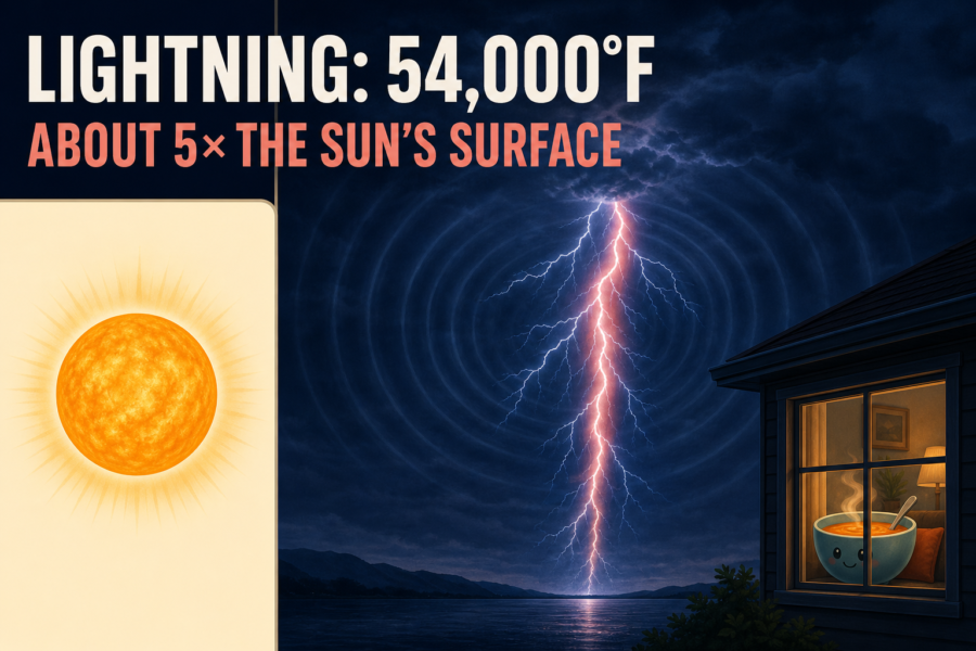 Editorial infographic showing a distant lightning channel, symbolic pressure waves, a separate Sun comparison card, and a mascot safely indoors.