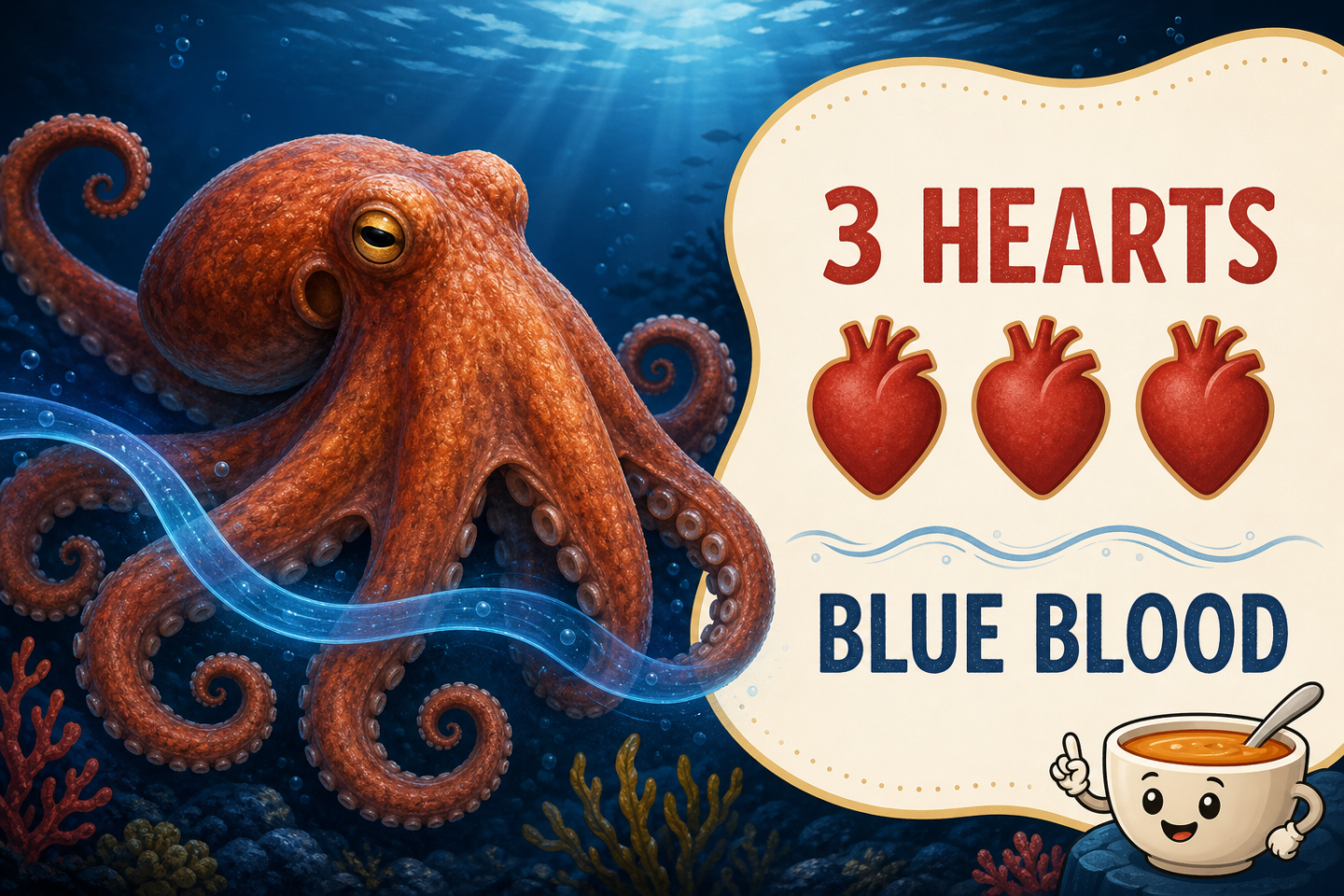 Editorial illustration of an octopus beside three symbolic heart icons and a blue circulation ribbon.