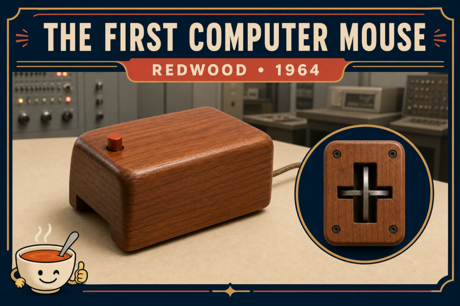 Editorial illustration of a rectangular redwood computer mouse with one button and a symbolic underside inset showing two perpendicular metal wheels.