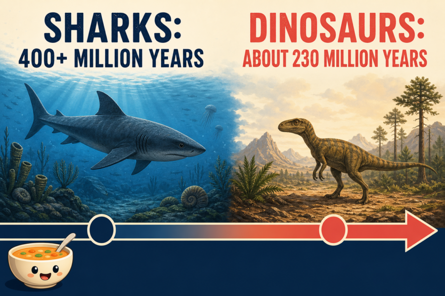 Landscape timeline illustration showing an ancient shark at more than 400 million years ago and a dinosaur appearing about 230 million years ago.
