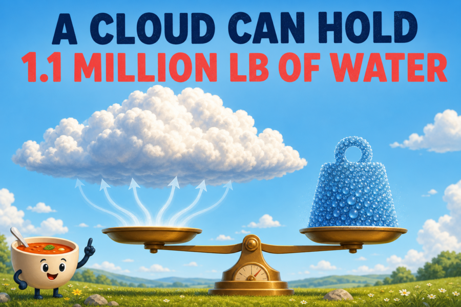 Landscape illustration of a fluffy cumulus cloud above a balance scale, comparing the cloud's water with a weight marked 1.1 million pounds.