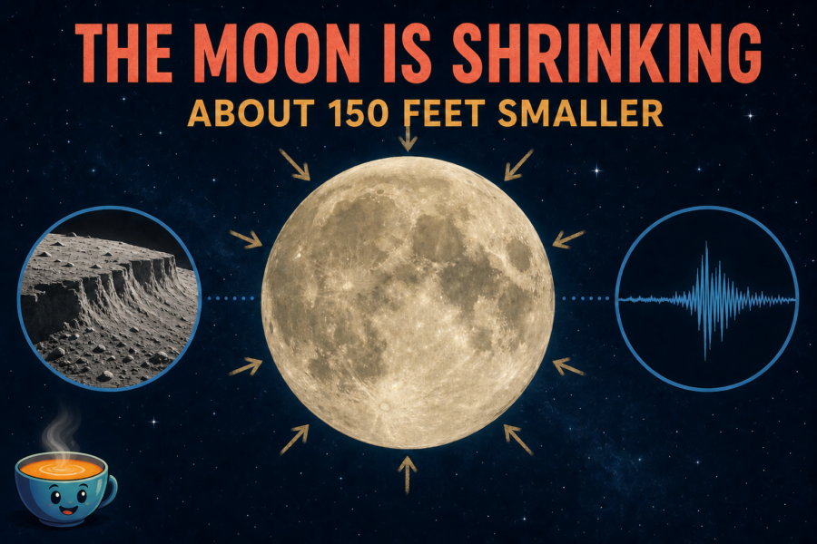 Landscape infographic showing one normal-size Moon surrounded by subtle inward arrows, with insets of a lunar thrust-fault scarp and a seismograph waveform.