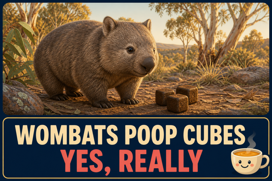 Landscape editorial illustration of a wombat in an Australian bush setting beside three clean cube-shaped biological symbols, with the headline Wombats Poop Cubes, Yes Really.