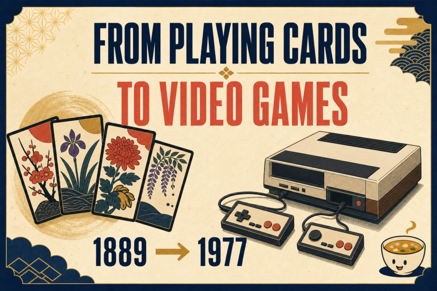 Editorial illustration of generic floral Japanese playing cards beside a generic late-1970s home video game machine, marking 1889 and 1977.