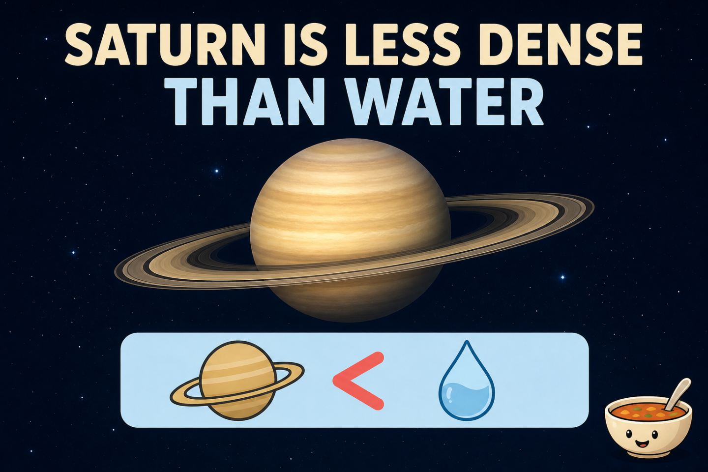 Editorial illustration of Saturn above a symbolic water-density comparison showing that its average density is lower than water, without depicting a literal ocean or bathtub.
