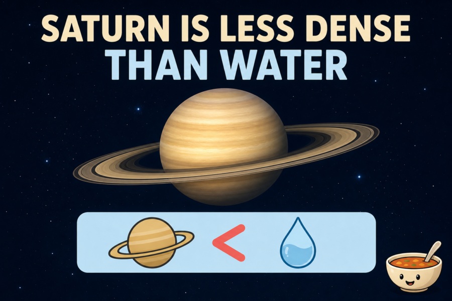 Editorial illustration of Saturn above a symbolic water-density comparison showing that its average density is lower than water, without depicting a literal ocean or bathtub.
