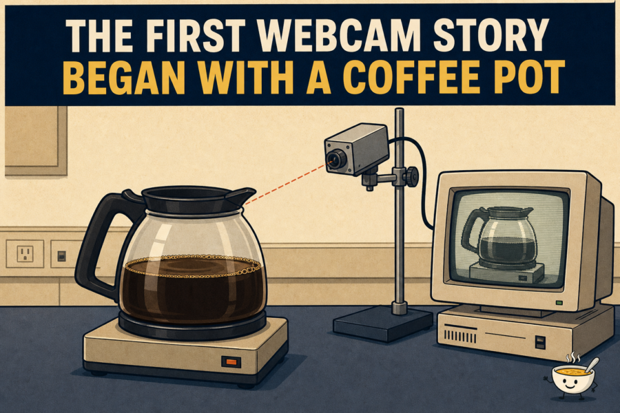 Editorial illustration of an early-1990s coffee pot watched by a small generic network camera with a grayscale monitor view.
