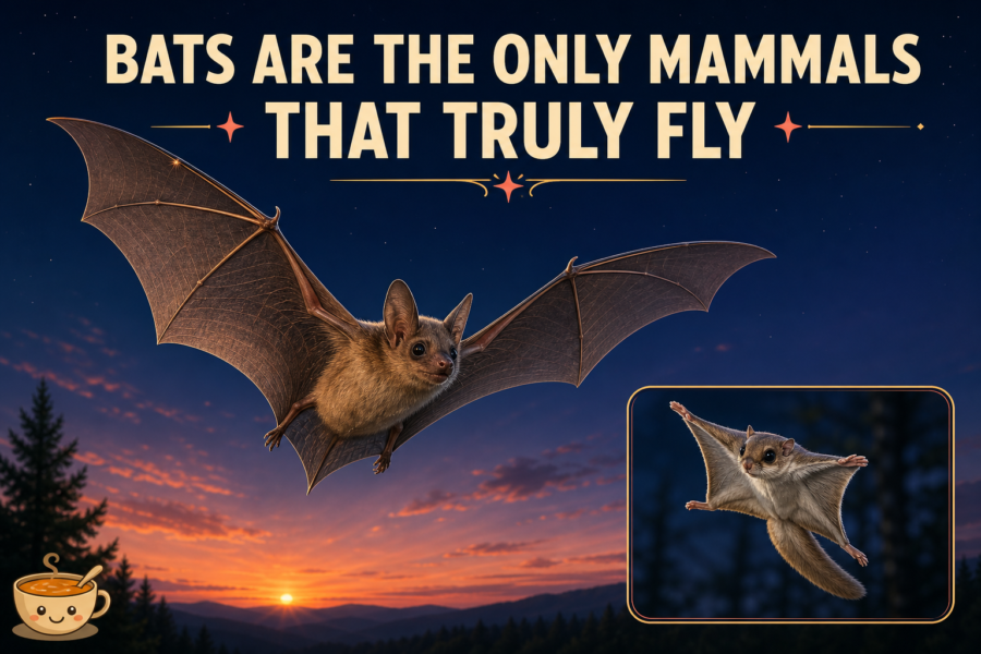 Editorial comparison illustration of a bat in powered flight and a smaller flying squirrel gliding, with the bat’s elongated finger bones visible inside its wing membrane.