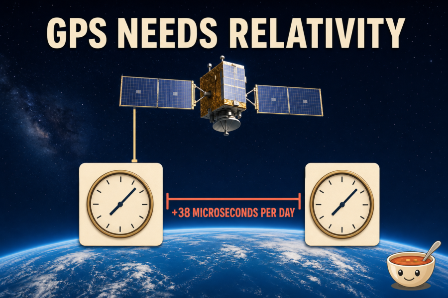 Editorial illustration of one GPS satellite above Earth with two clock faces and a bracket showing a net uncorrected difference of 38 microseconds per day.