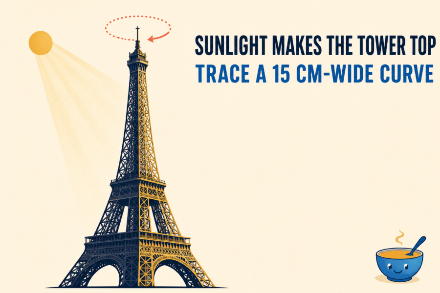 Landscape editorial illustration of sunlight warming one side of a simplified Eiffel Tower, with a dotted curve around the top representing its small daily path.
