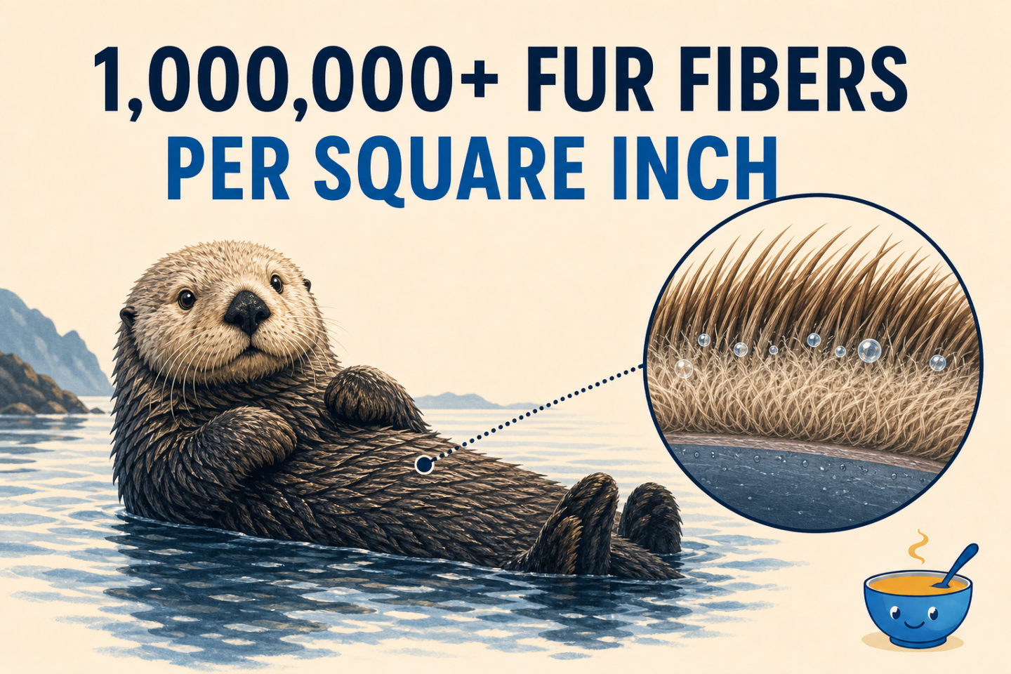 A sea otter floating on its back beside a symbolic magnified view of long guard hairs, dense underfur, and trapped air bubbles.