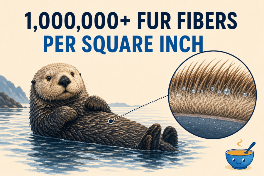 A sea otter floating on its back beside a symbolic magnified view of long guard hairs, dense underfur, and trapped air bubbles.
