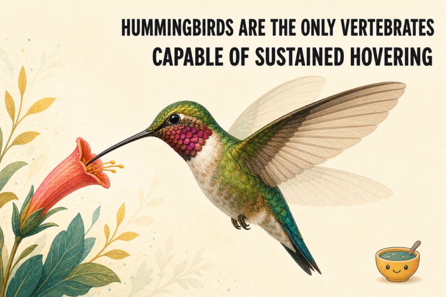 Editorial illustration of one hummingbird holding position beside a tubular flower, with two restrained wing-position echoes representing powered downbeats and upbeats.
