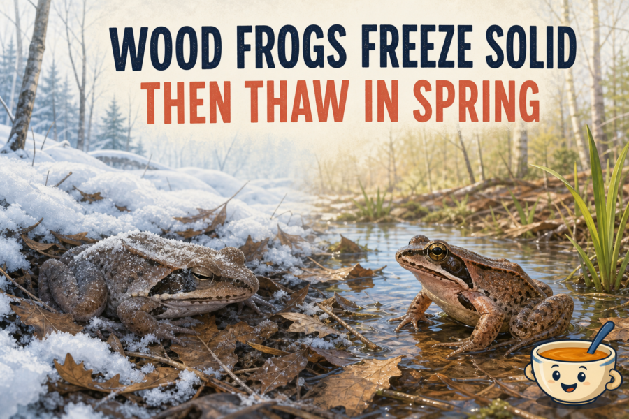 A symbolic split-season illustration of the same wood frog motionless beneath winter leaf litter and active beside a spring meltwater pool.