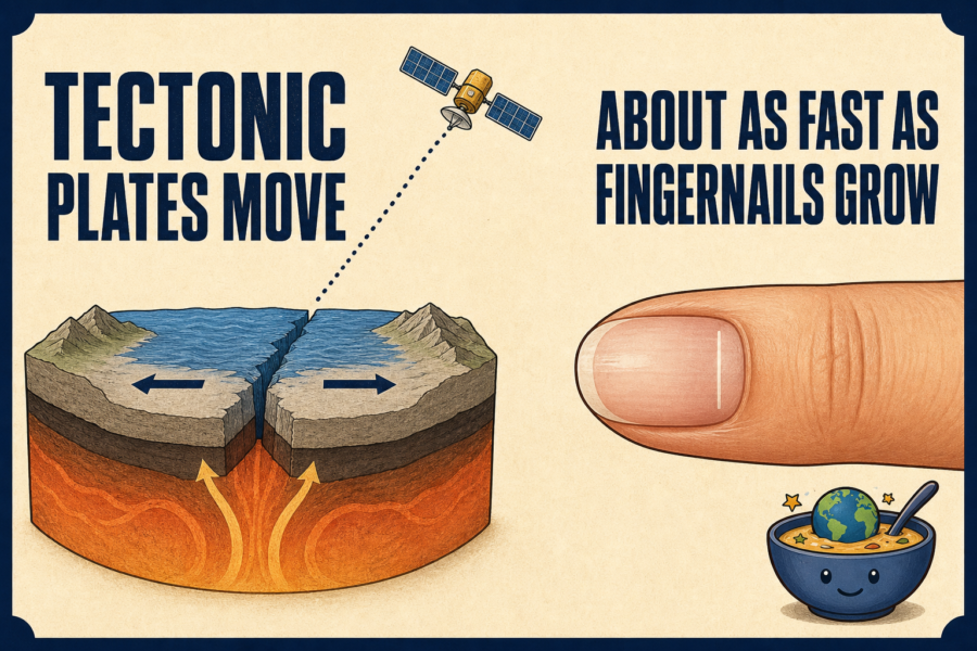 A two-panel editorial illustration comparing slowly moving tectonic plates with a growing fingernail, with a small GPS satellite indicating measurement.