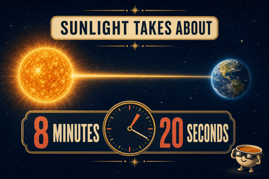Editorial space infographic showing sunlight traveling symbolically from the Sun to Earth beside an 8 minutes 20 seconds time display.