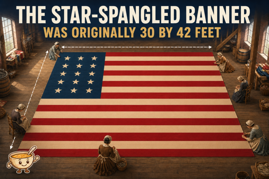 Editorial illustration of a complete 15-star, 15-stripe flag spread across a brewery loft floor, surrounded by small period-dressed makers and symbolic dimension arrows.