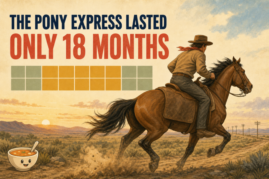 Editorial illustration of an 1860s Pony Express rider crossing a western landscape beside a compact 18-month calendar motif.