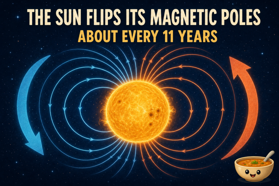 Symbolic landscape illustration of the Sun surrounded by magnetic field loops and curved arrows, with text stating that its magnetic poles flip about every 11 years.