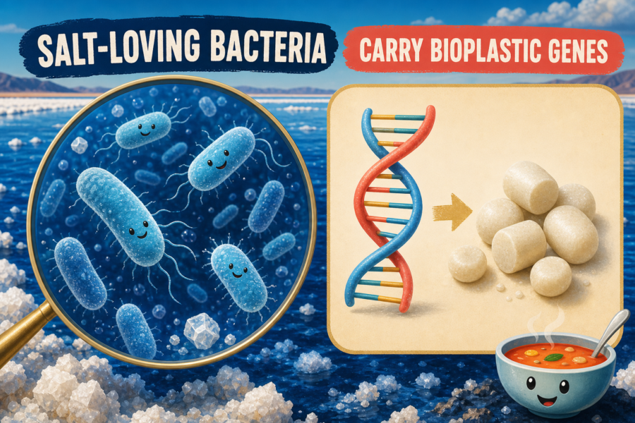 Symbolic illustration of salt-loving bacteria beside a DNA strand leading to PHA biopolymer pellets.