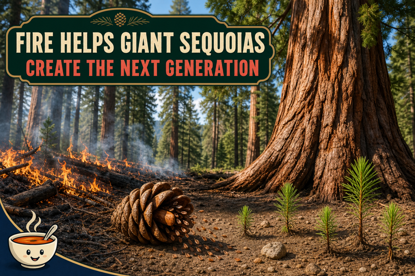 Landscape illustration of a mature giant sequoia beside a low ground fire, an opened cone releasing seeds and young seedlings growing in a sunny patch of mineral soil.