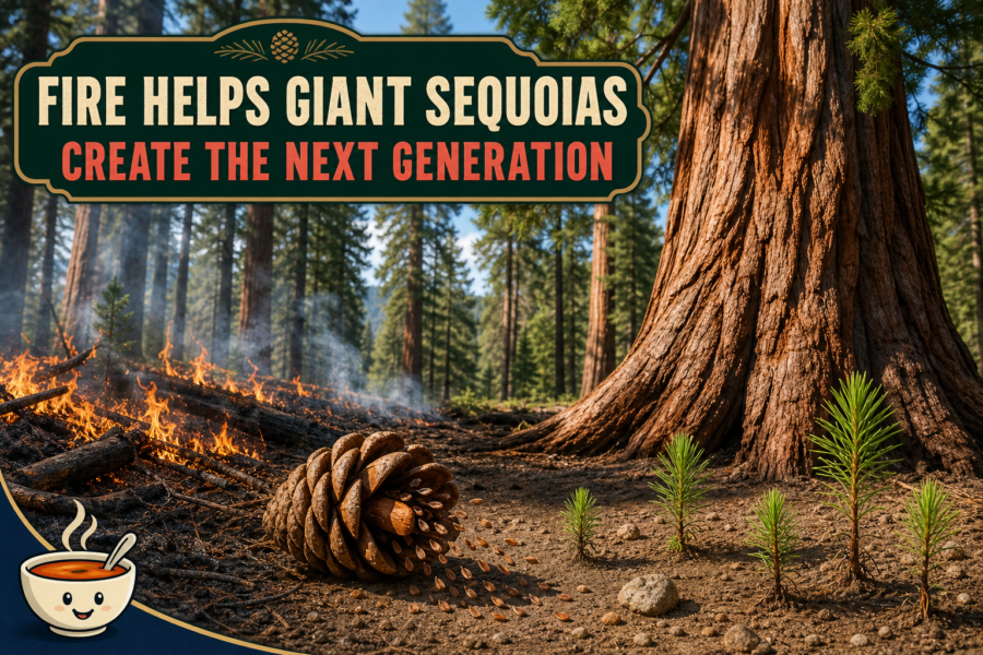 Landscape illustration of a mature giant sequoia beside a low ground fire, an opened cone releasing seeds and young seedlings growing in a sunny patch of mineral soil.