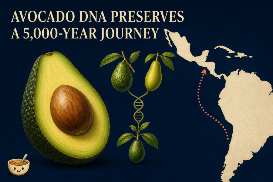 Editorial landscape illustration of an avocado and a symbolic route from South America to Nicaragua representing genetic ancestry and human transport.