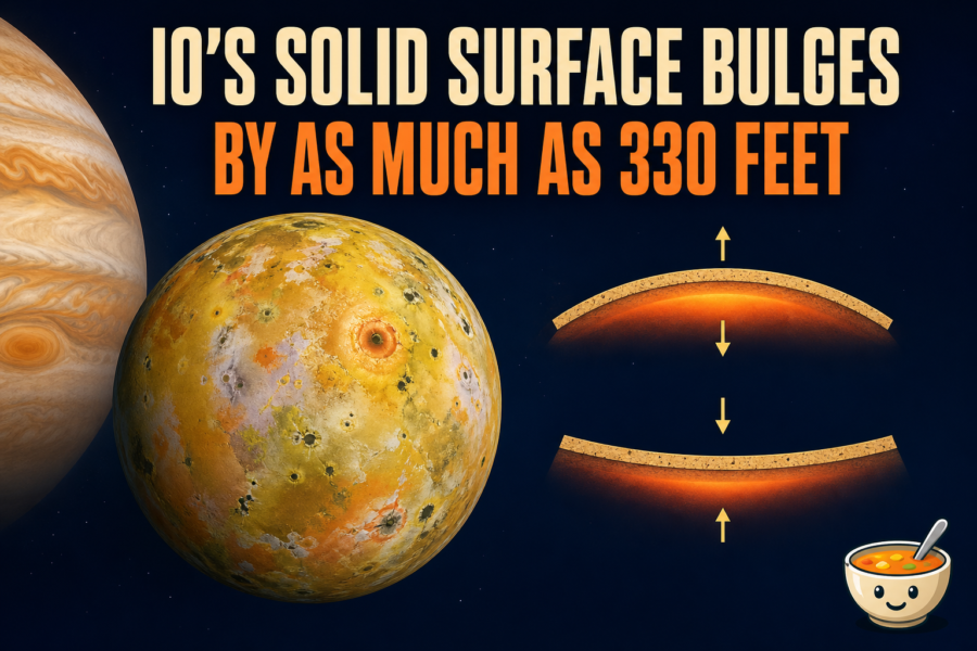 Editorial illustration of Jupiter's moon Io flexing under gravitational pulls while volcanic plumes rise from its surface.