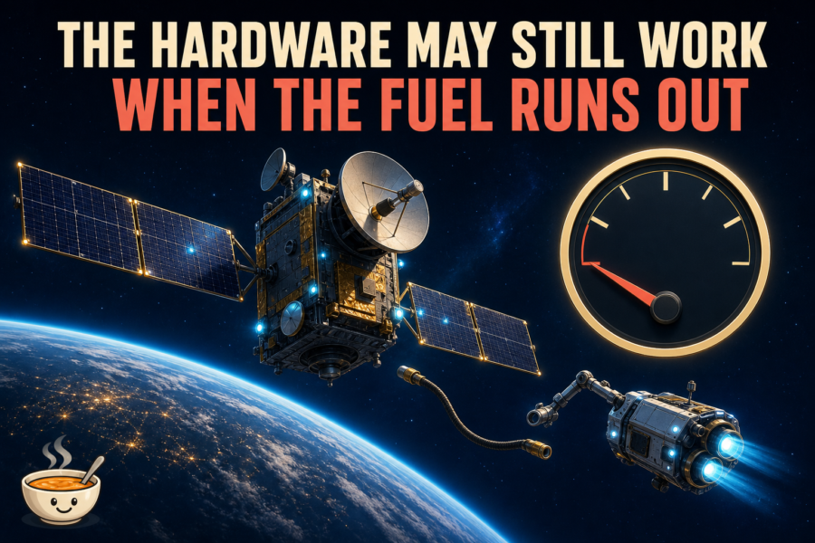 Editorial illustration of a generic satellite with illuminated hardware, an empty symbolic fuel gauge, and a separate robotic servicing craft approaching above Earth.