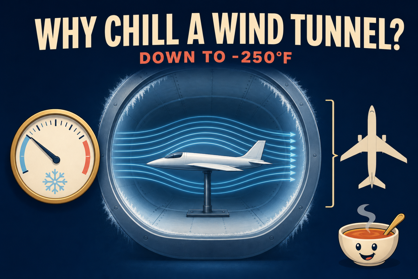 A small aircraft model mounted in a frosted wind-tunnel test section with blue airflow lines, a cold-temperature gauge, and a separate full-size aircraft silhouette for scale.