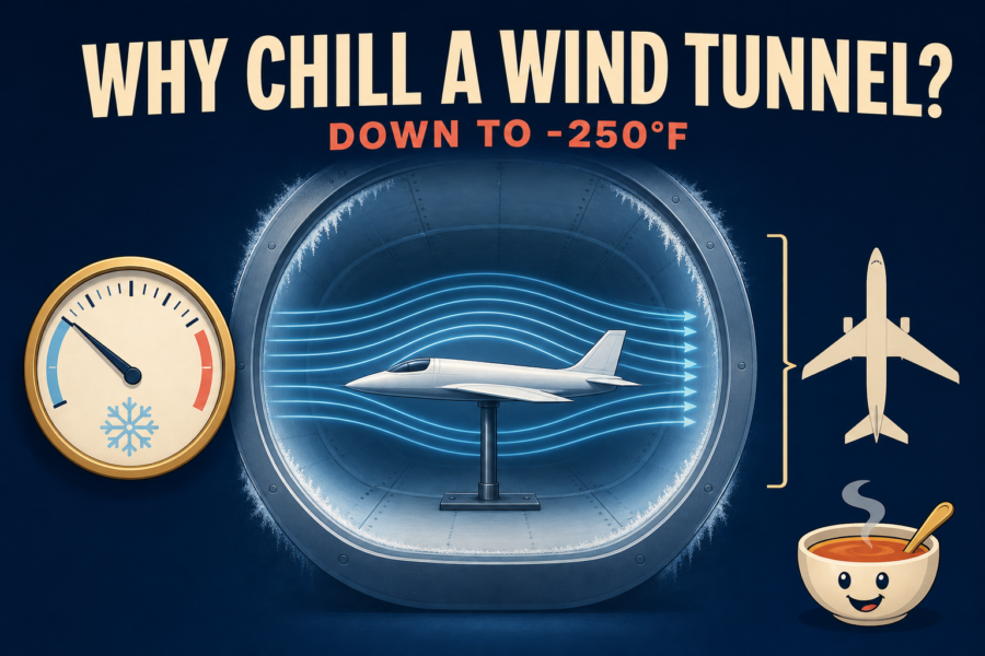 A small aircraft model mounted in a frosted wind-tunnel test section with blue airflow lines, a cold-temperature gauge, and a separate full-size aircraft silhouette for scale.