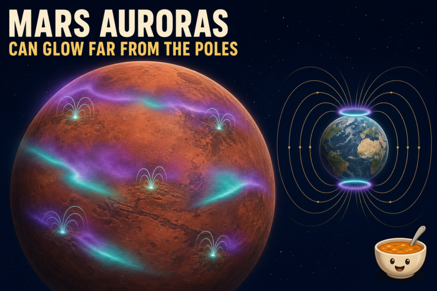 Symbolic editorial comparison showing broad auroral glows over Mars and polar auroral rings around a smaller Earth.