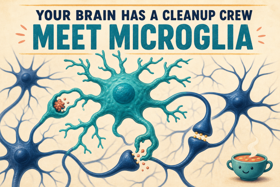 A symbolic teal branching microglial cell clears small debris and contacts simplified neuron connections in a cream and navy editorial illustration.
