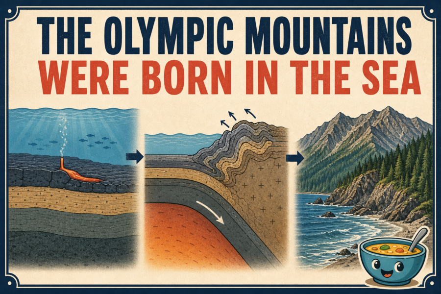 A three-stage editorial diagram showing basalt and sediment on an ancient seafloor, subduction and folding, and the modern Olympic Mountains.