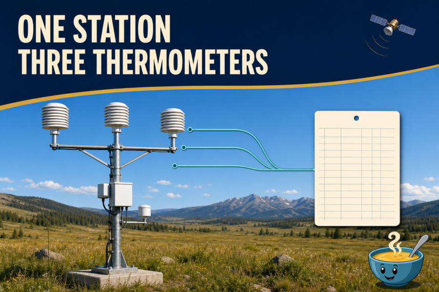 A symbolic landscape illustration of a remote climate station with three matching shielded thermometers and three data paths converging on one hourly record card.
