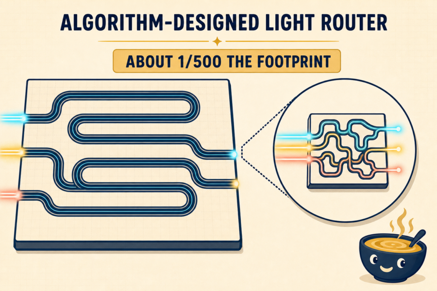 Editorial comparison of a large conventional optical routing path and a compact inverse-designed light-sorting region on a photonic chip.