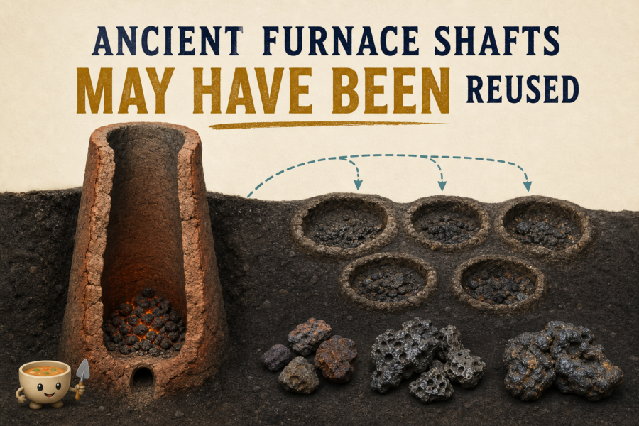Editorial archaeology illustration of a reconstructed clay bloomery furnace beside grouped slag pits, dark ore fragments, and slag evidence.